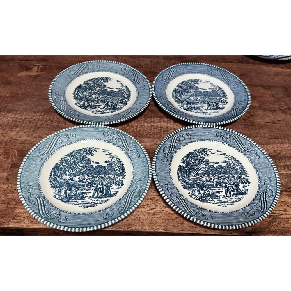 (4) Blue Currier & Ives "Harvest" 6.25" Dessert Side Plates Royal China USA